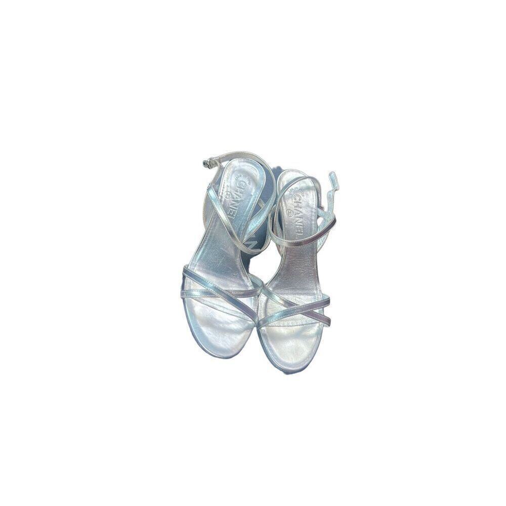 Chanel Strappy Silver CC Patent Leather Open Toe Sandals‎ Size 38